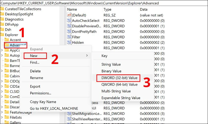 Tại thư mục Advanced, nhấp chuột phải và chọn New rồi chọn tiếp DWORD (32-bit) Value