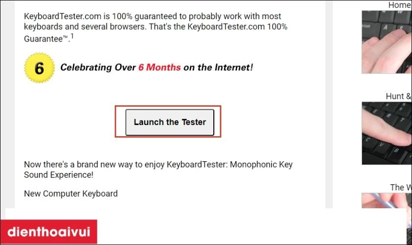Truy cập v&agrave;o trang web keyboardtester.com v&agrave; chọn Launch the Tester