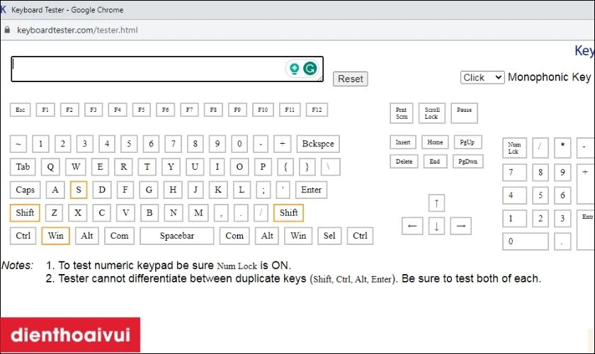 Nhập lần lượt c&aacute;c ph&iacute;m cần kiểm tra v&agrave;o &ocirc; tr&ecirc;n m&agrave;n h&igrave;nh