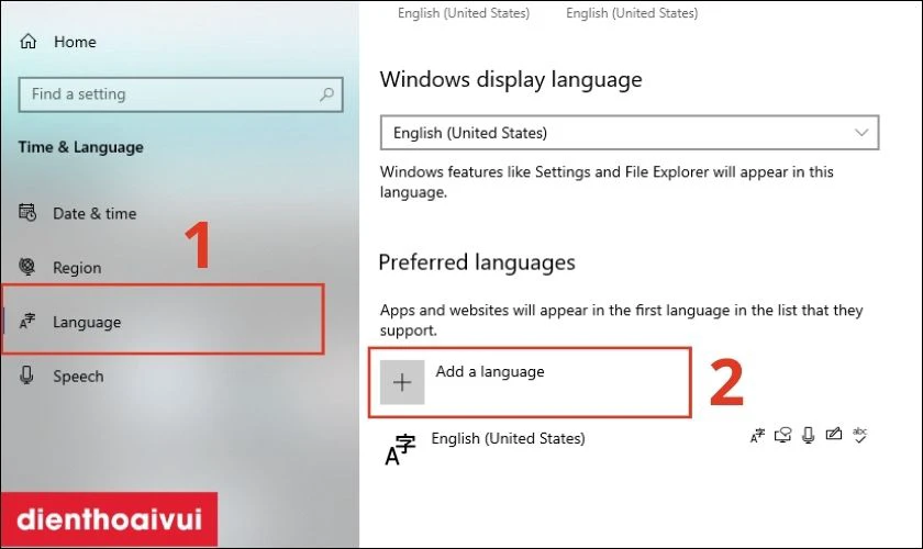 Mở C&agrave;i đặt, nhấn Time & Language v&agrave; chọn Add a language