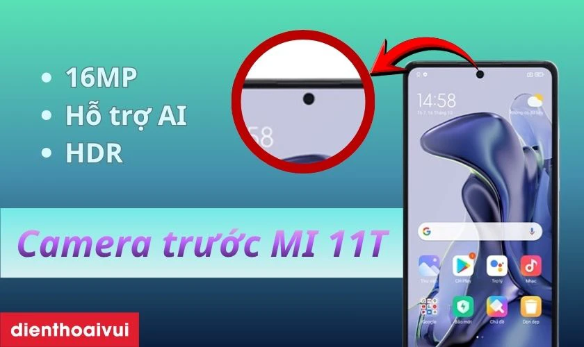 Camera trước Xiaomi Mi 11T c&oacute; độ ph&acirc;n giải l&agrave; 16MP