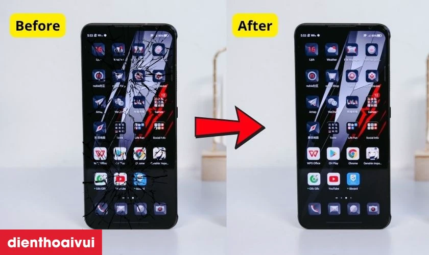 H&igrave;nh ảnh trước v&agrave; sau khi &eacute;p k&iacute;nh Nubia Red Magic 6 tại Điện Thoại Vui