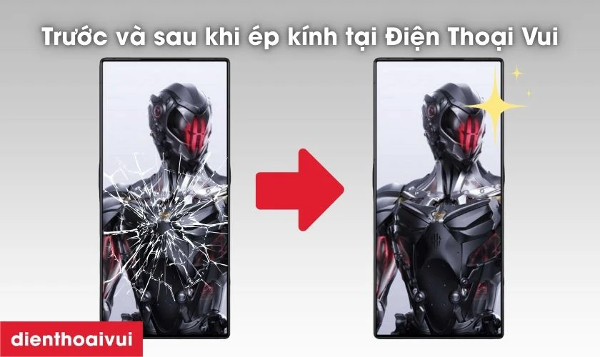 H&igrave;nh ảnh trước v&agrave; sau khi &eacute;p k&iacute;nh Nubia Red Magic 7S Pro tại Điện Thoại Vui