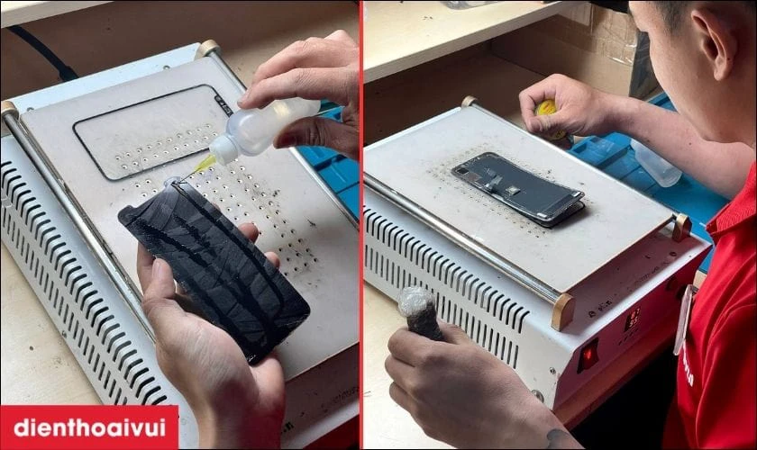 Kỹ thuật vi&ecirc;n thực hiện &eacute;p k&iacute;nh mới v&agrave;o m&agrave;n h&igrave;nh điện thoại