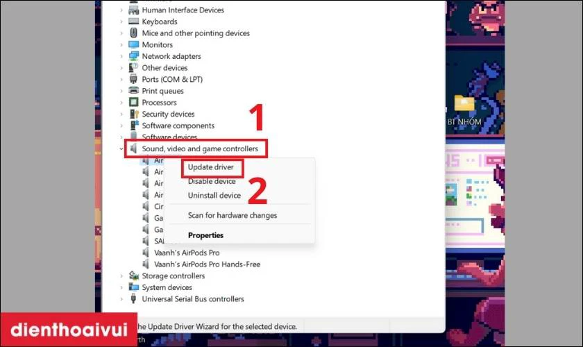 Tại Device Manager nhấn v&agrave;o Sound, video and game controllers