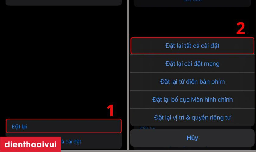 Nhấn Đặt lại, chọn v&agrave;o Đặt lại tất cả c&agrave;i đặt