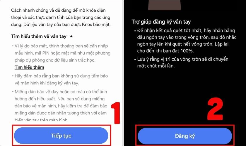 Bạn chọn Đăng ký để bắt đầu quét dấu vân tay