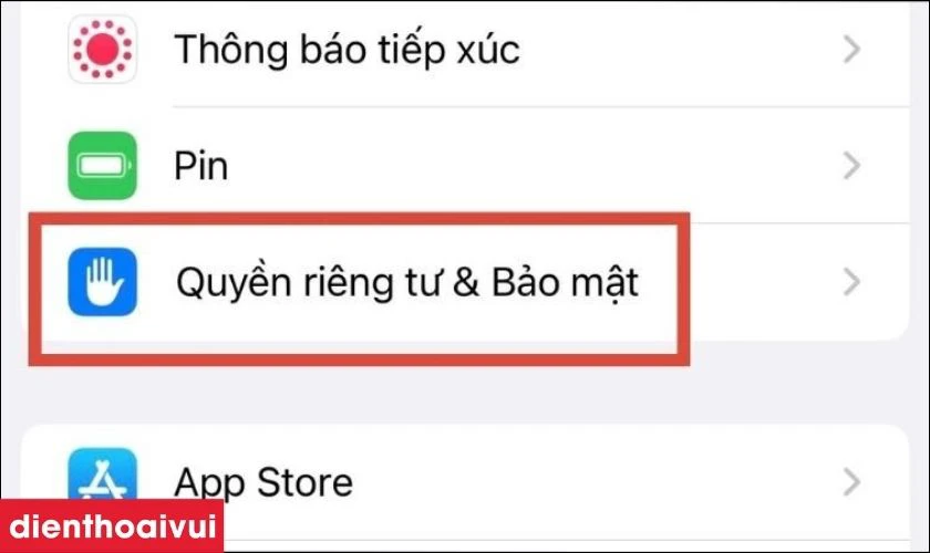 Chọn C&agrave;i đặt, sau đ&oacute; chọn mục Quyền ri&ecirc;ng tư v&agrave; bảo mật