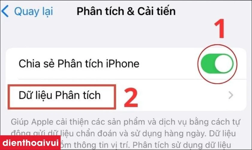 Bật t&iacute;nh năng Chia sẻ Ph&acirc;n t&iacute;ch sau đ&oacute; nhấn chọn Dữ liệu ph&acirc;n t&iacute;ch