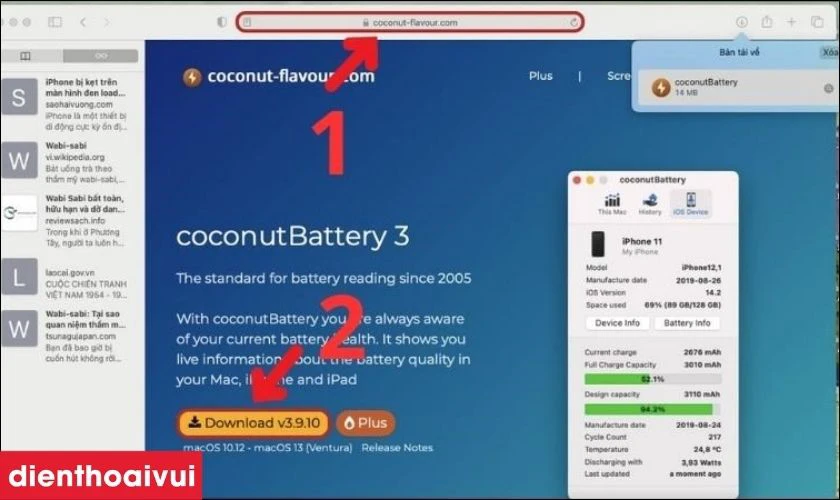 Mở Safari ở tr&ecirc;n MacBook v&agrave; nhập từ kho&aacute; CoconutBattery