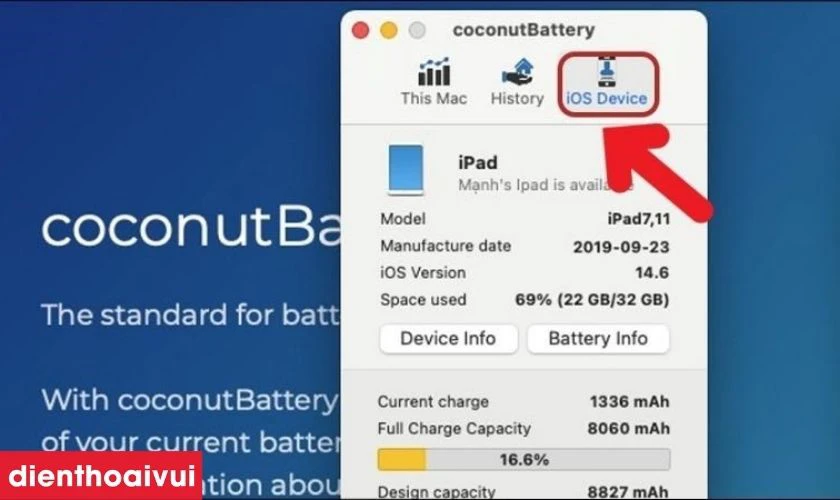 Mở ứng dụng CoconutBattery l&ecirc;n sau đ&oacute; nhấn chọn mục iOS Device