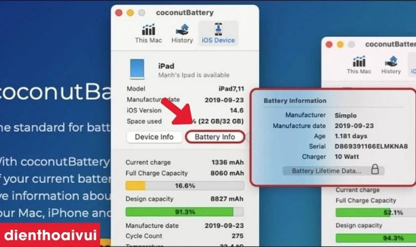 Chọn mục Battery Info
