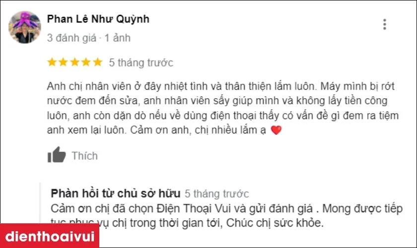 Bạn Như Quỳnh đã đánh giá nhân viên tại Điện Thoại Vui là rất nhiệt tình và thân thiện