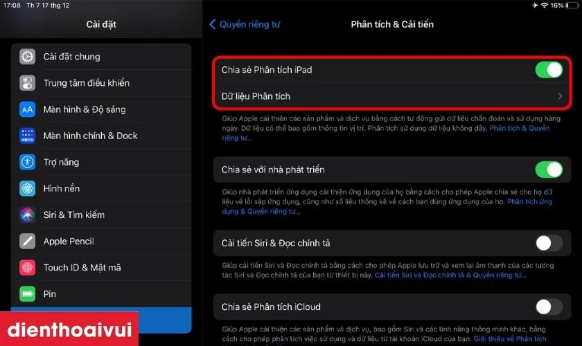 Bạn bật Chia sẻ Ph&acirc;n t&iacute;ch iPad v&agrave; chọn mục Dữ liệu Ph&acirc;n t&iacute;ch