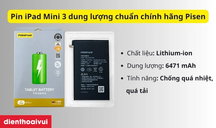 pin iPad Mini 3 dung lượng chuẩn chính hãng Pisen