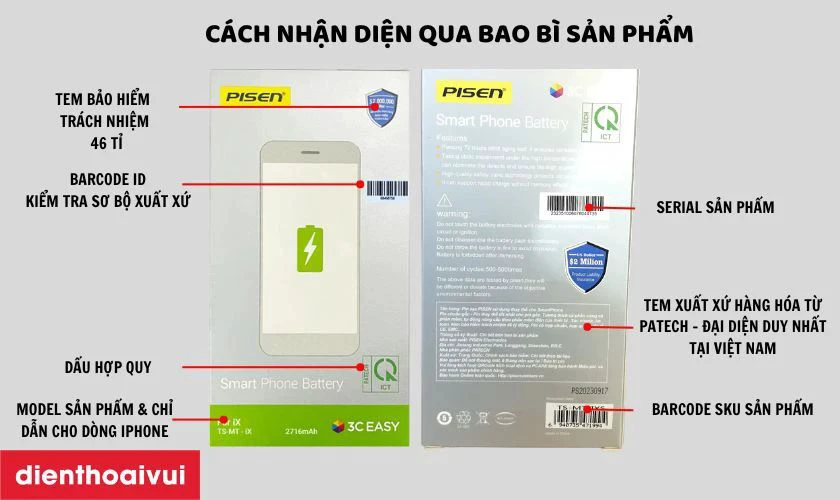 Phân biệt pin Pisen cho iPhone 14 Pro Max thật và giả