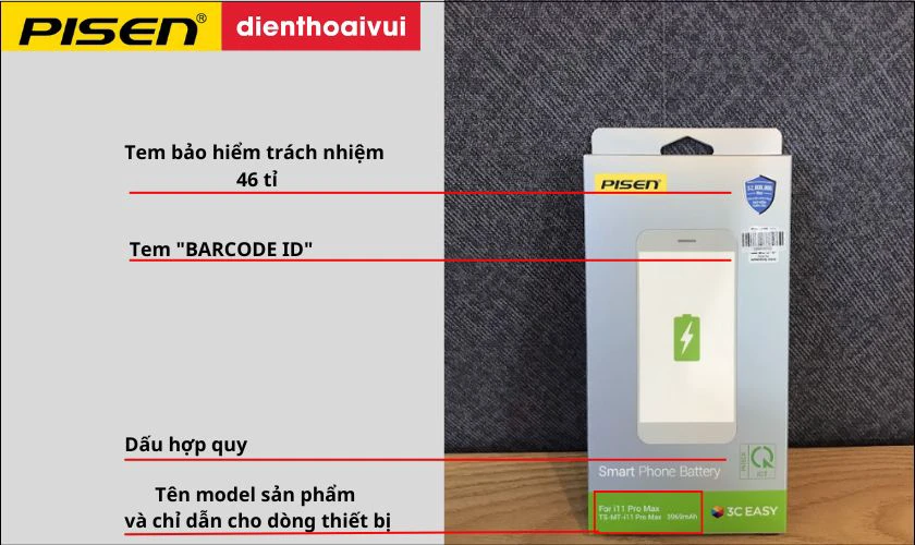 Kiểm tra pin Pisen ở mặt trước vỏ hộp