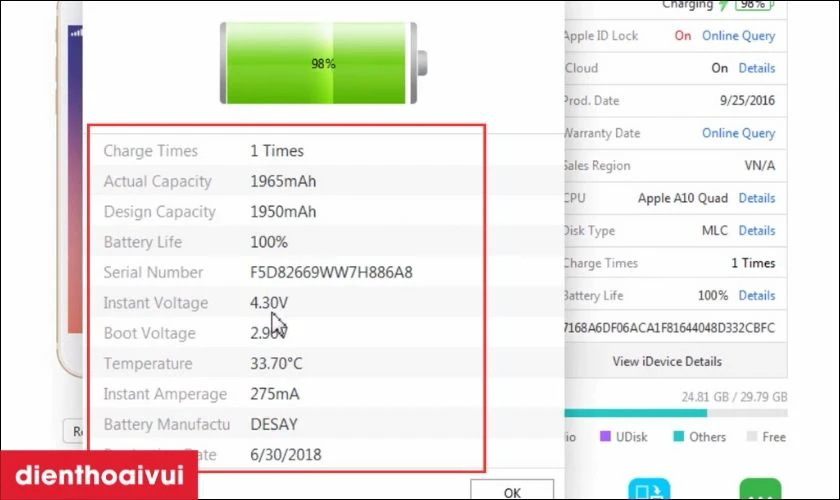 3uTools sẽ hiển thị đầy đủ thông tin về pin iPhone