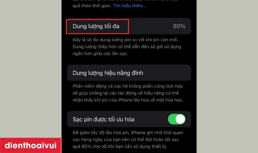 Bạn sẽ thấy thông tin về Dung lượng tối đa của pin