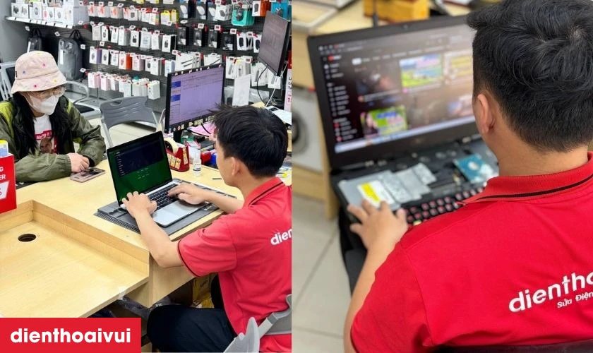 Kh&aacute;ch h&agrave;ng kiểm tra m&aacute;y trước khi thanh to&aacute;n