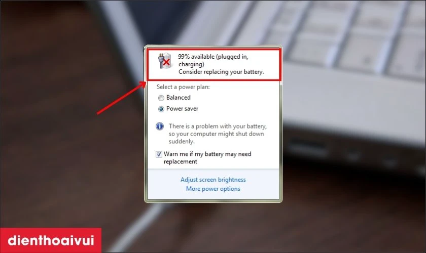 Xuất hiện th&ocirc;ng b&aacute;o Consider replacing your battery