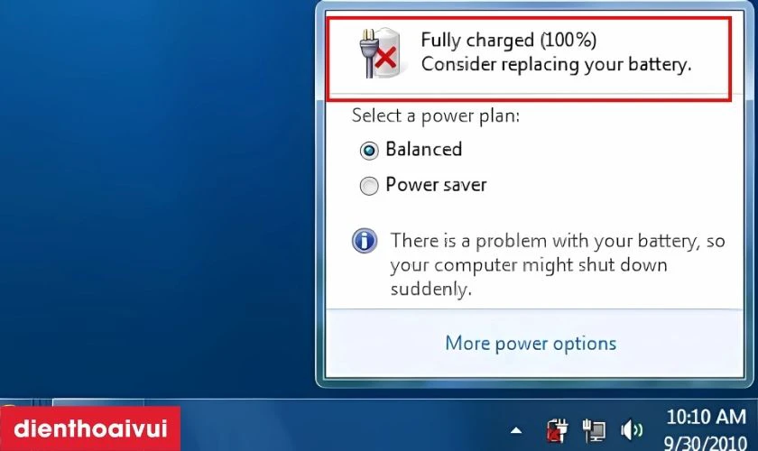 Windows thường c&oacute; c&aacute;c cảnh b&aacute;o về t&igrave;nh trạng pin