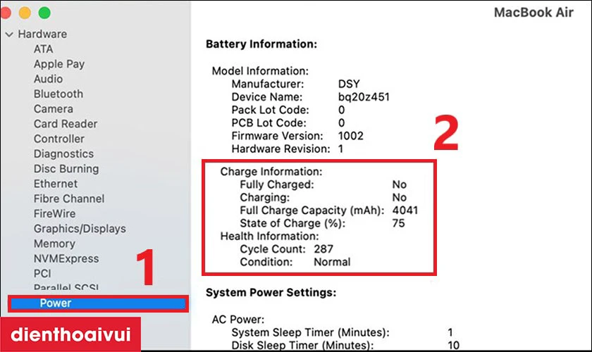 Chọn v&agrave;o Power để xem th&ocirc;ng tin về pin của Macbook