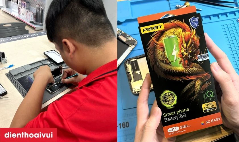 Thay pin iPhone XS Max dung lượng cao Pisen ch&iacute;nh h&atilde;ng tại Điện Thoại Vui