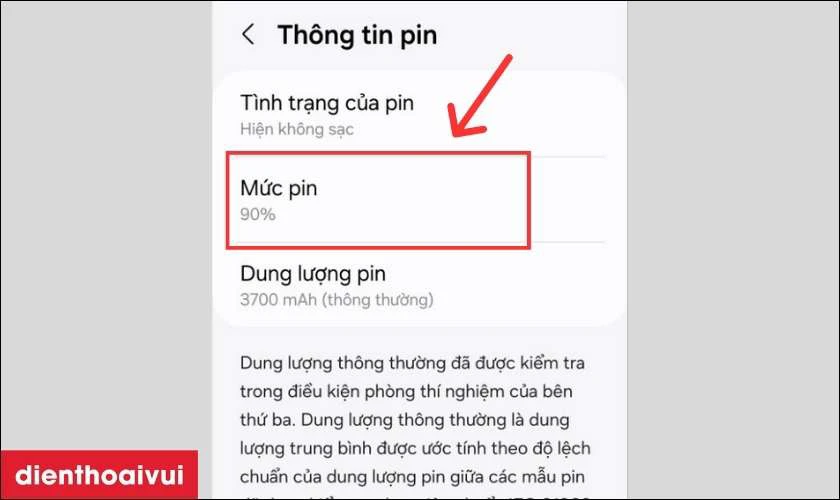 Ở mục Thông tin pin bạn có thể kiểm tra tình trạng pin ở phần Mức pin