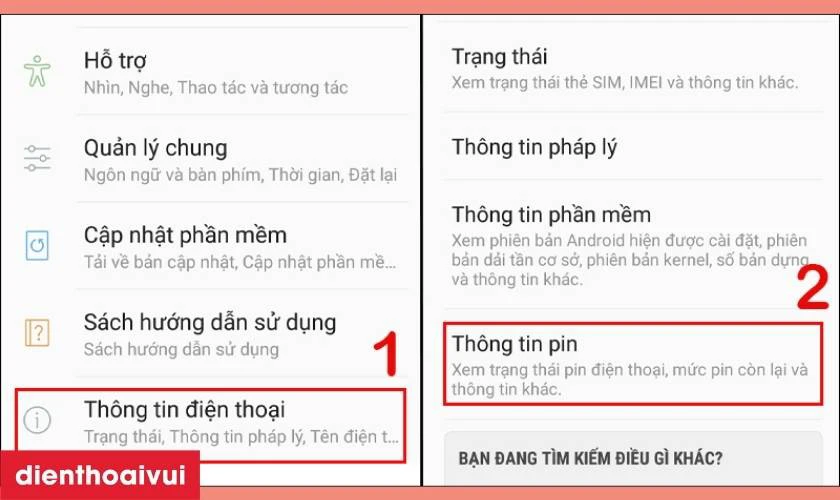 V&agrave;o mục Th&ocirc;ng tin điện thoại trong rồi chọn Th&ocirc;ng tin pin