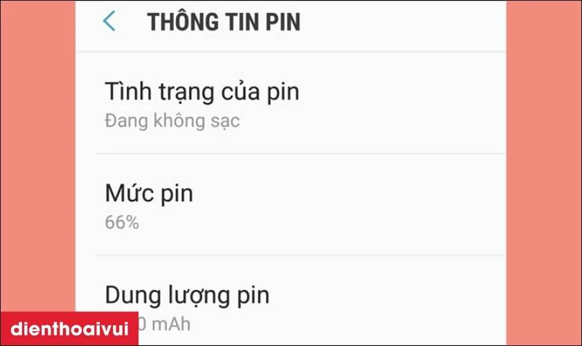 M&agrave;n h&igrave;nh sẽ hiển thị t&igrave;nh trạng pin hiện tại của thiết bị