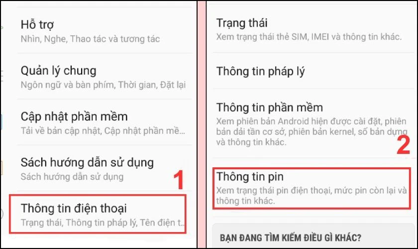 Kiểm tra pin Samsung trong c&agrave;i đặt của điện thoại