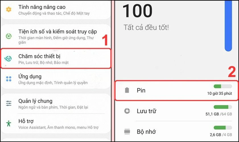 Kiểm tra pin bằng chế độ chăm s&oacute;c thiết bị tr&ecirc;n Samsung