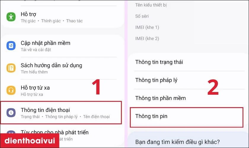 Kiểm tra pin th&ocirc;ng qua c&agrave;i đặt của thiết bị