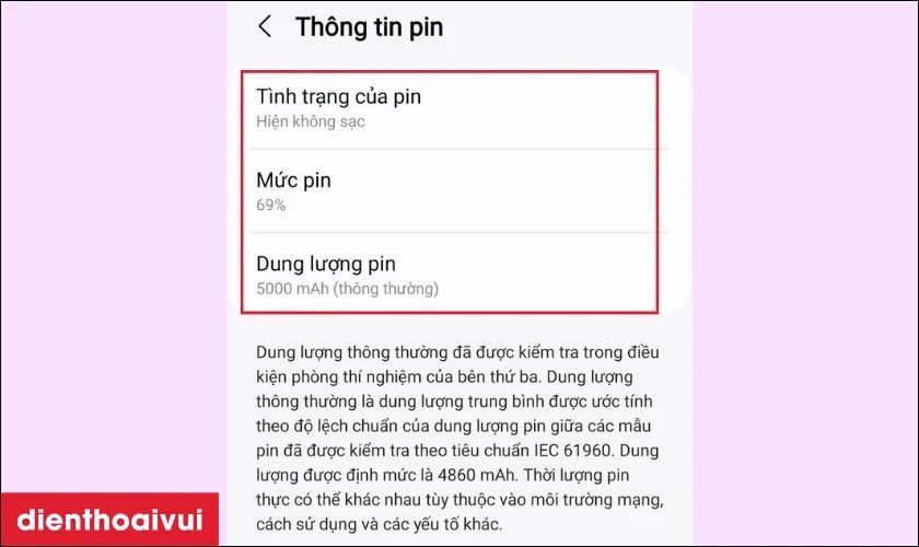 Tại phần Th&ocirc;ng tin pin, c&oacute; thể xem th&ocirc;ng số li&ecirc;n quan đến pin