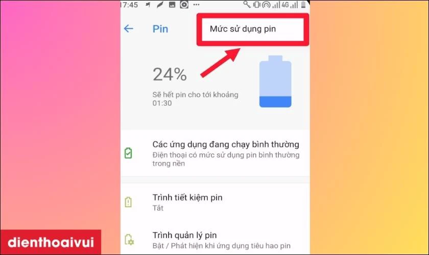 Nhấn vào mục Mức sử dụng pin