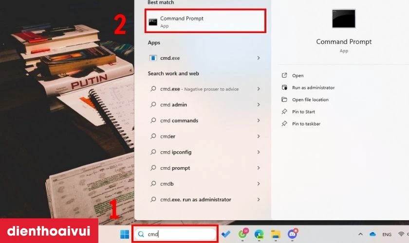 Nhập cmd v&agrave;o khung t&igrave;m kiếm tr&ecirc;n menu v&agrave; chọn Command Prompt