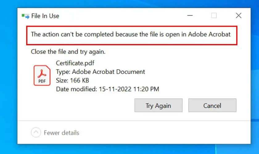The action cannot be completed because the folder or a file in it is open in another program là lỗi gì?