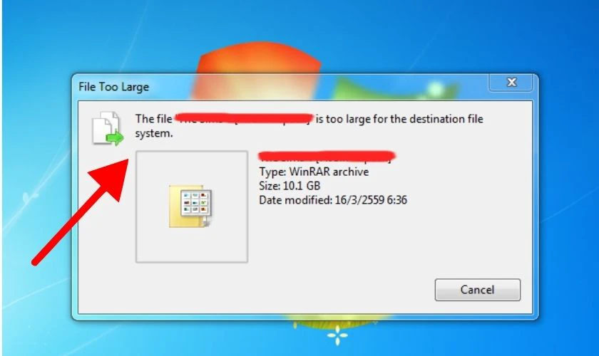 Dấu hiệu lỗi The File is Too Large for the Destination File System