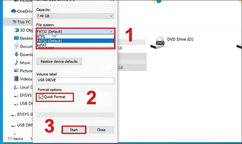Tại mục File system, chọn NTFS, tick chọn Quick format rồi nhấn Start