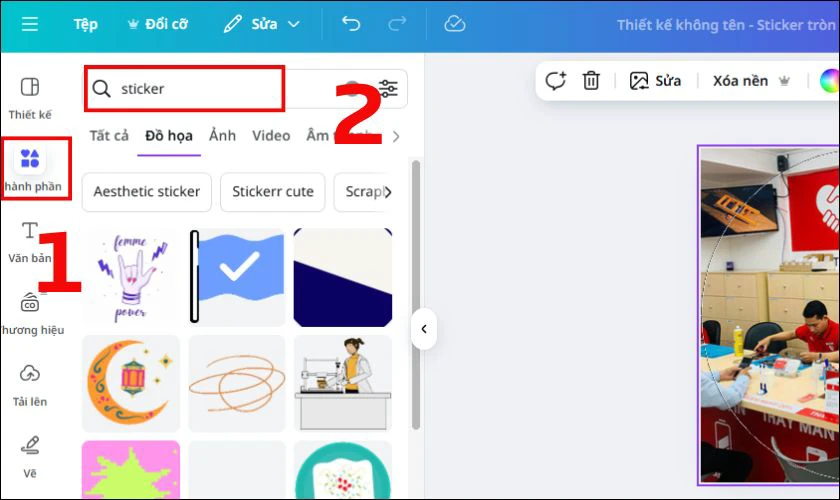 Chọn mục Th&agrave;nh phần, t&igrave;m kiếm v&agrave; chọn sticker bạn th&iacute;ch, sau đ&oacute; k&eacute;o thả v&agrave;o ảnh