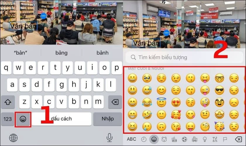 Nhấn v&agrave;o khung văn bản, b&agrave;n ph&iacute;m sẽ hiện l&ecirc;n, chọn biểu tượng để icon