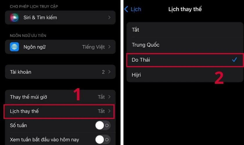 Chọn v&agrave;o mục Lịch thay thế v&agrave; chọn Do Th&aacute;i