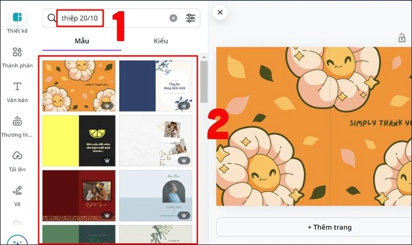 Kế đó, bạn gõ cụm từ “thiệp 20/10” vào ô trống như hình và tìm xem các mẫu thiệp có sẵn của Canva