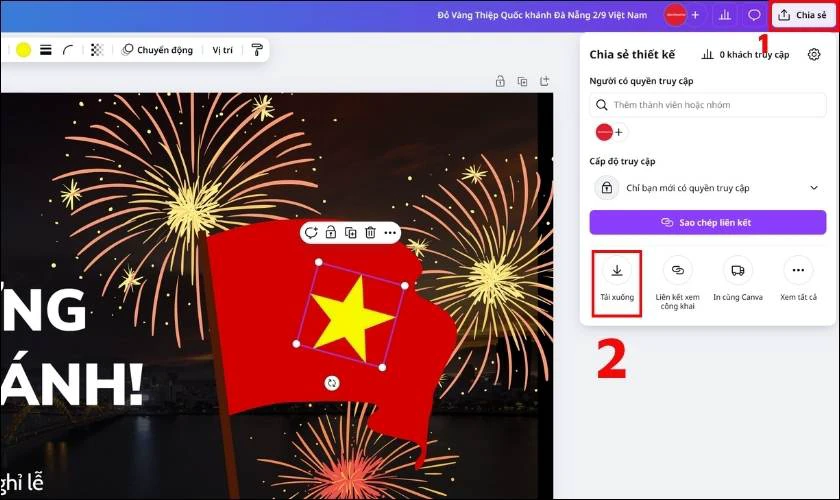 Tải thiệp về máy sau khi hoàn tất thiết kế bằng cách nhấn nút Chia sẻ và chọn Tải xuống