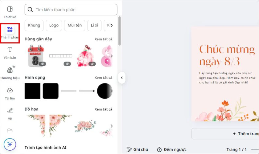 Nếu muốn trang trí, bạn hãy nhấp vào mục Thành phần