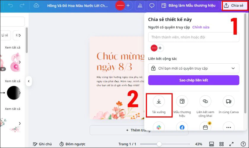 Trong menu Chia sẻ, bạn chọn tùy chọn Tải xuống để lưu thiệp về thiết bị
