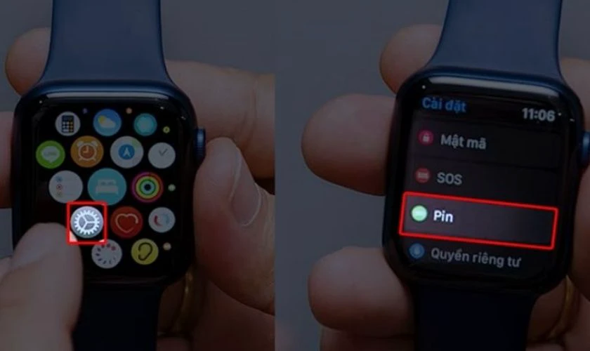 Truy cập C&agrave;i đặt chọn mục Pin