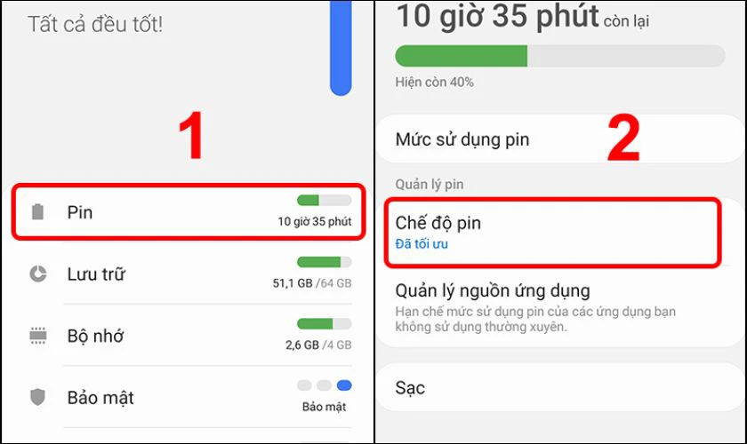 Tiếp theo, chọn Pin v&agrave; t&igrave;m t&ugrave;y chọn Chế độ Pin