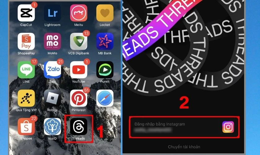 Mở ứng dụng Threads, chọn Log in with Instagram